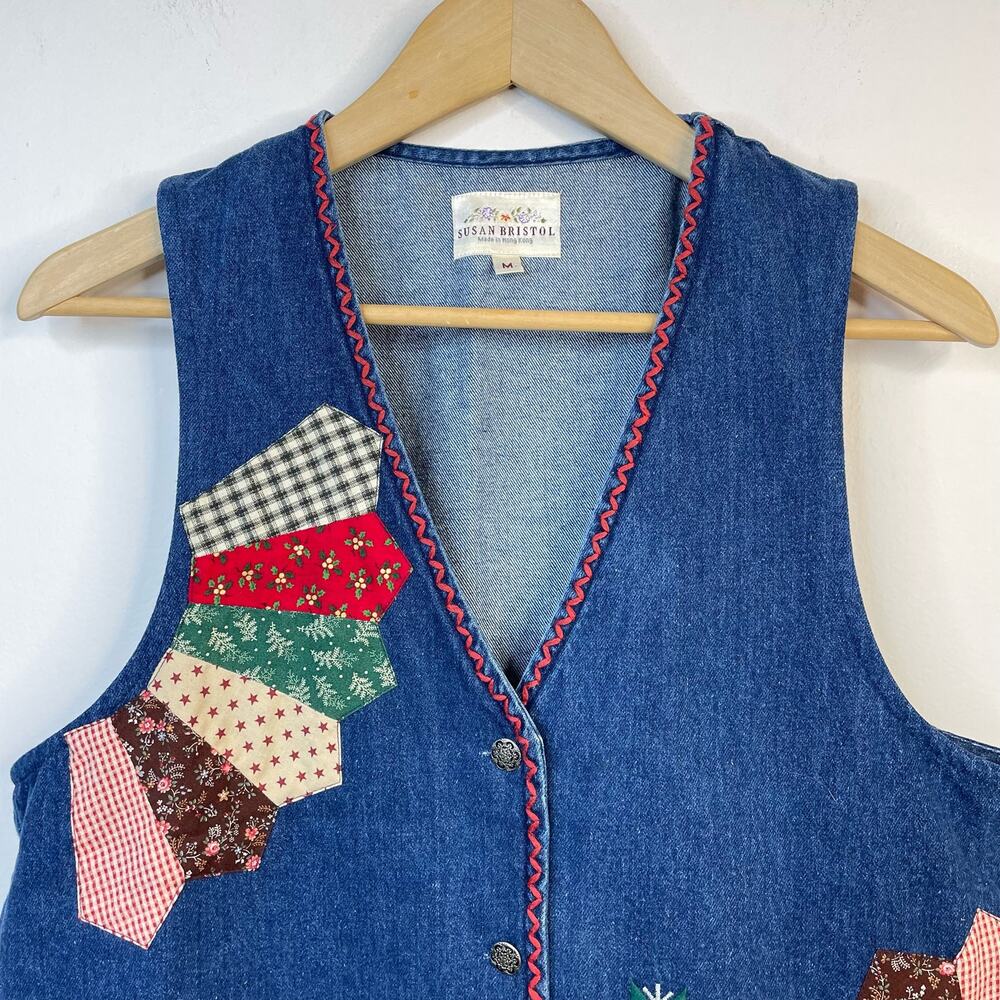 Susan Bristol Vintage Patchwork Embroidered Denim Boho Western Country Vest M - Picture 2 of 12
